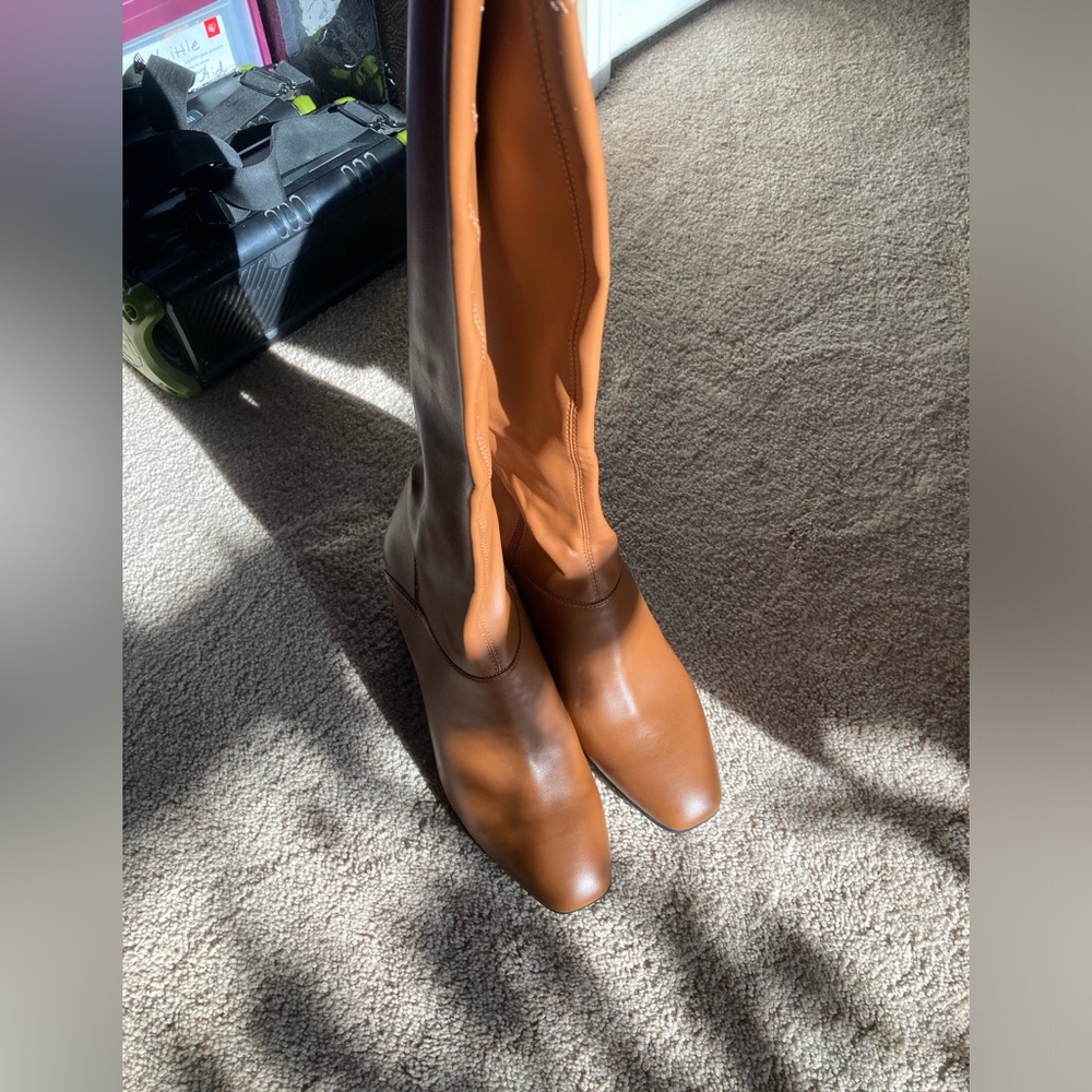 NWT perfect fall brown chunky heel knee high faux leather boots - Picture 3 of 7